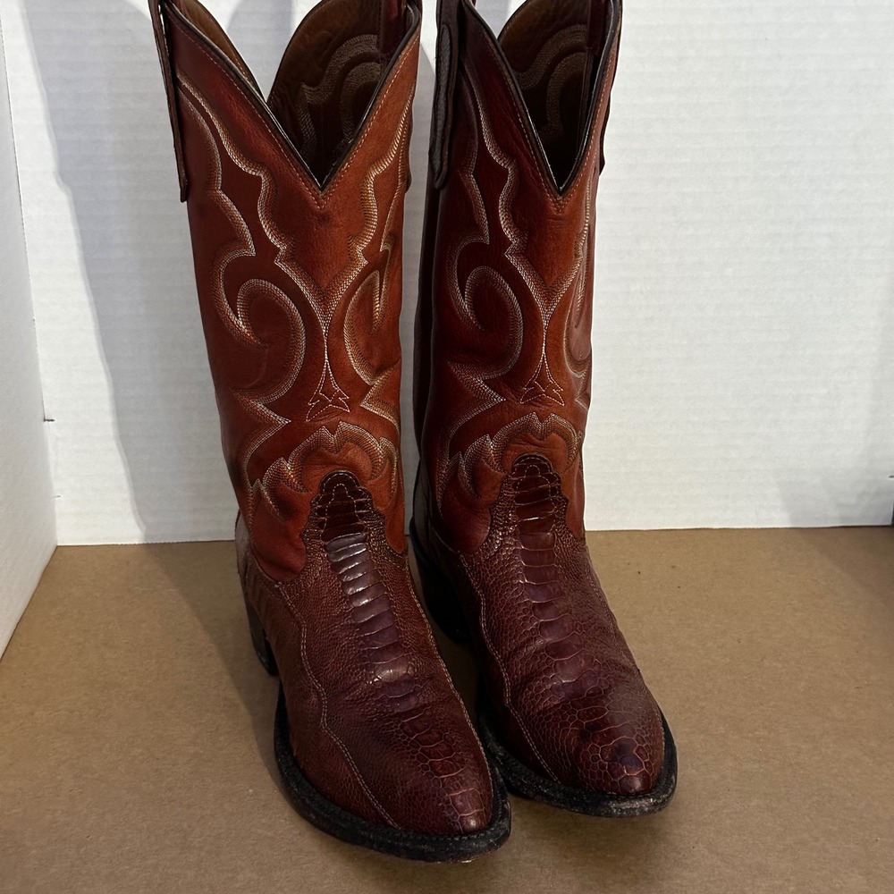 Nocona Cowboy Boots Mens 8.5 AAA Brown Ostrich Leg Leather Pointed Toe USA Good